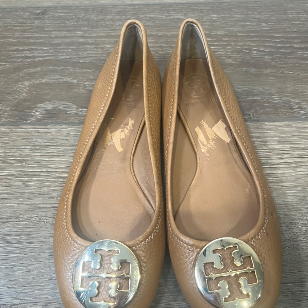 Tory Burch Tumbled Leather Reva Ballet Flats Royal Tan/Gold Size 8 - Picture 3 of 14